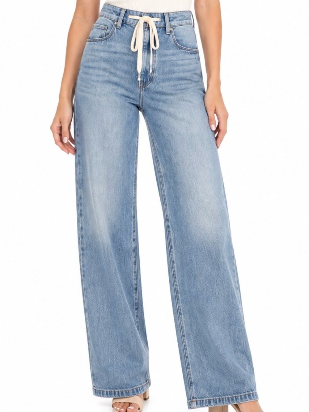BLANKNYC Feeling Good High Rise Drawstring Wide Leg Jeans Medium Wash 30 NWT